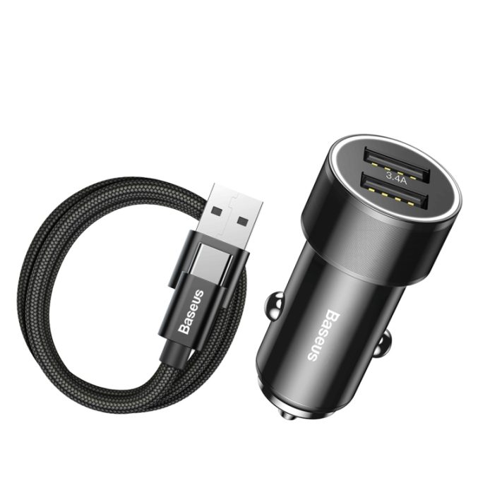 3.4A Dobbel USB Ports Billader med 2A 1m USB-C kabel