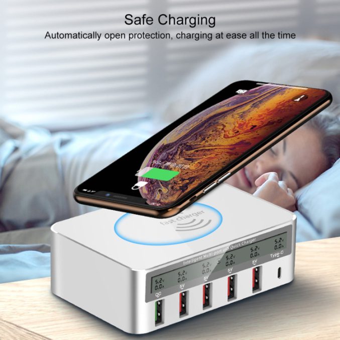 10W QC3.0 ladehub med 6 porter og trådløs lademulighet - Bilde 11