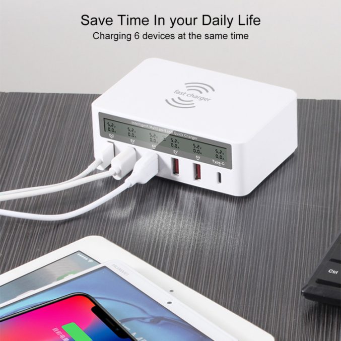 10W QC3.0 ladehub med 6 porter og trådløs lademulighet - Bilde 10