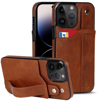 Deksel med kortspor og fingerstrap til iPhone 14 Pro Max - Mørk brun