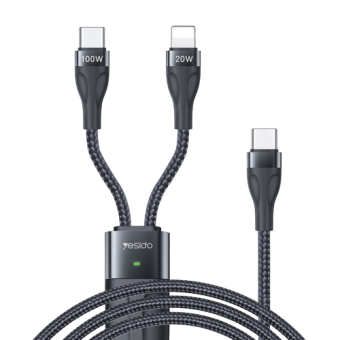 Yesido 2 i 1 USB-C til USB-C + Lightning Kabel (1,2m)