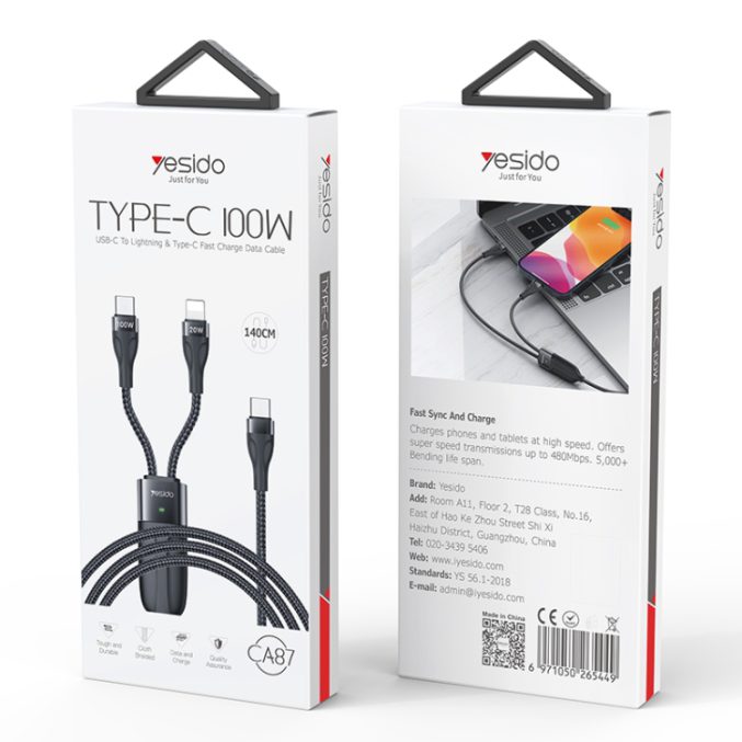 Yesido 2 i 1 USB-C til USB-C + Lightning Kabel (1,2m) - Bilde 10