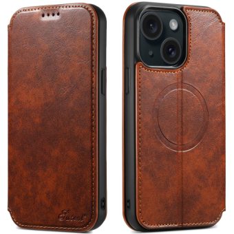 Suteni J05 PU-lærdeksel til iPhone 14 Plus / 15 Plus - Brun