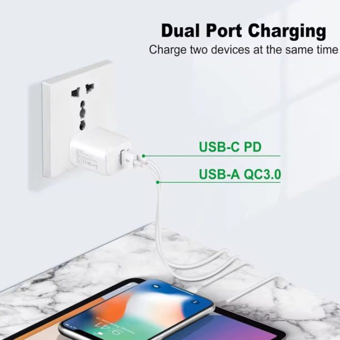 30W USB-C og USB-A hurtiglader med 2-i-1 kabel - Bilde 3