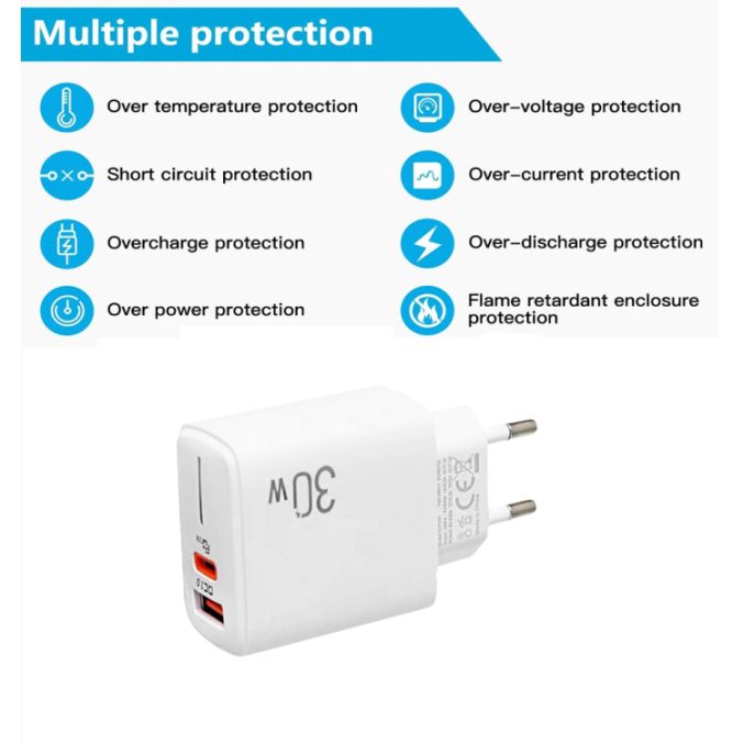 30W USB-C og USB-A hurtiglader med 2-i-1 kabel - Bilde 2