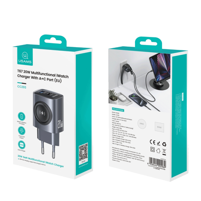USAMS 20W lader for Apple Watch med USB-A og USB-C