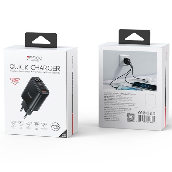 30W hurtiglader med USB, to USB-C og display (YC69) - Bilde 2
