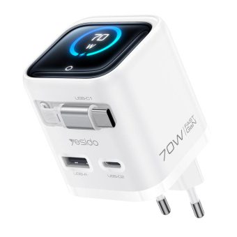 70W GaN-lader med uttrekkbar kabel og skjerm (YC123) – Hvit