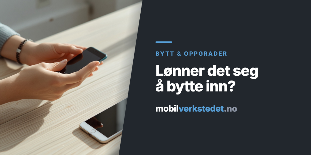 Hender som holder en eldre mobil over et lyst bord, med en annen mobil ved siden av