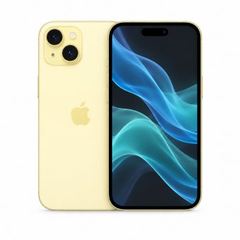 Brukt iPhone 15 i gul, forside og bakside