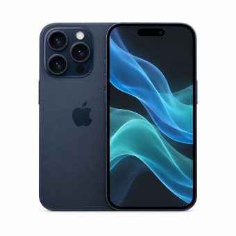 Brukt iPhone 15 Pro i blå, forside og bakside