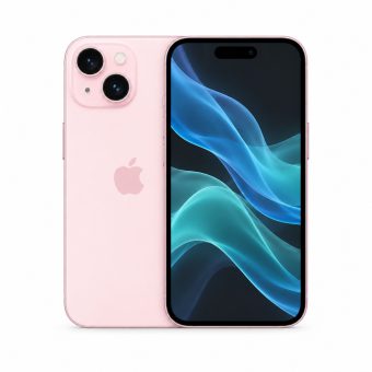 Brukt iPhone 15 i rosa, forside og bakside