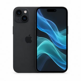 Brukt iPhone 15 i svart, forside og bakside