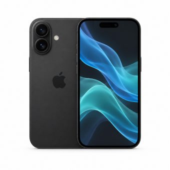 Brukt iPhone 16 i svart, forside og bakside