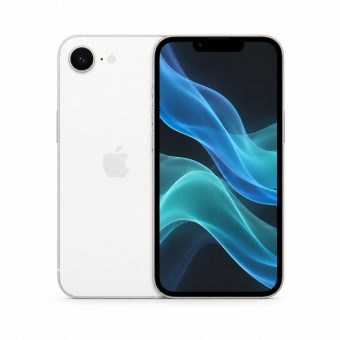 Brukt iPhone 16e i hvit, forside og bakside