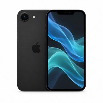 Brukt iPhone 16e i svart, forside og bakside
