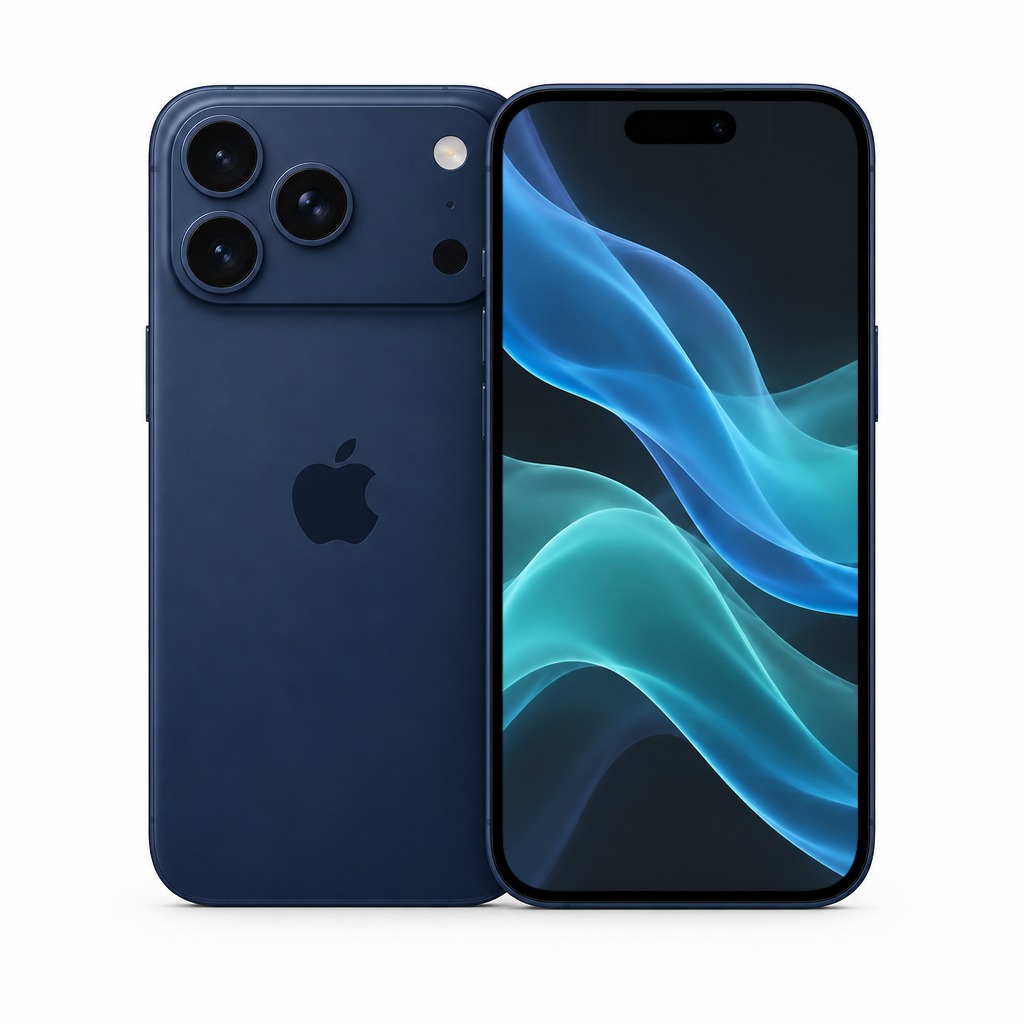Brukt iPhone 17 Pro i blå, forside og bakside