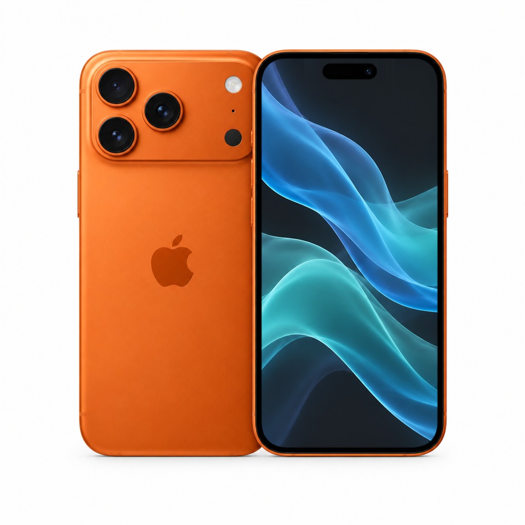 Brukt iPhone 17 Pro i oransje, forside og bakside